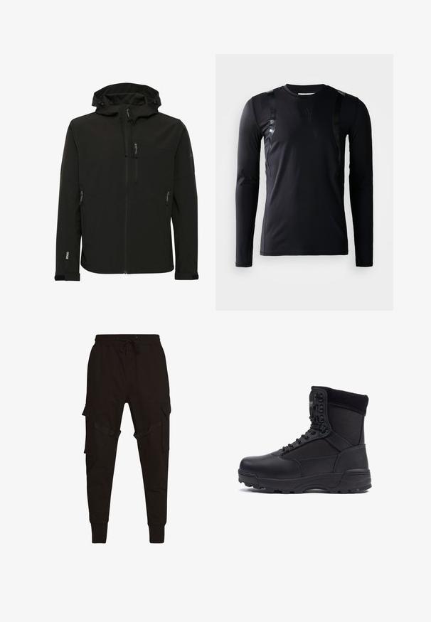 Sort softshell-jakke med en tætsiddende hætte, lynlåslommer, tekstureret stof og kontrasterende syninger langs skuldrene og siderne.; Sort langærmet træningsskjorte lavet af glat, strækbart stof. Har glansfulde sorte detaljer på skuldrene og et Adidas-logo på brystet.; Sort cargo-bukser med snøre i taljen, sidelommer og strukturerede detaljer på cargo-lommerne og stropperne. Tætsiddende manchetter ved anklerne.; Sort taktisk støvle med en glat læderoverdel og stofpaneler, høj ankeldesign, snørebånd foran og slidstærk gummisål.
