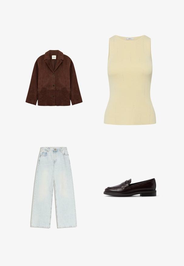 Veste en suède marron avec col cranté, fermeture à trois boutons et deux grandes poches plaquées sur le devant.; Haut sans manches jaune pâle en maille côtelée avec de fines lignes verticales perforées et un col rond.; Jean large bleu clair avec cinq poches, passants pour ceinture et fermeture à bouton sur la ceinture avant.; Mocassin en cuir marron avec une finition lisse, présentant une bande surélevée cousue sur le devant et un petit talon. Design simple, forme classique.