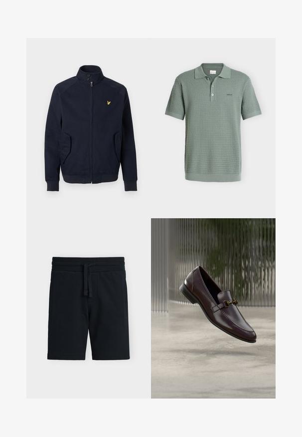 Veste zippée bleu marine avec col montant, deux poches frontales en biais, poignets côtelés et un petit logo d'oiseau jaune sur la poitrine gauche.; Polo en maille verte à manches courtes avec motif à carreaux texturé, patte à trois boutons et petit logo sur la poitrine gauche.; Shorts en maille texturée noire avec taille élastique et cordon, équipés de poches latérales, présentés à plat sur fond blanc.; Mocassin en cuir marron à finition lisse, bout carré, et accent en métal doré. Dispose d'un talon bas et de détails de couture subtils.