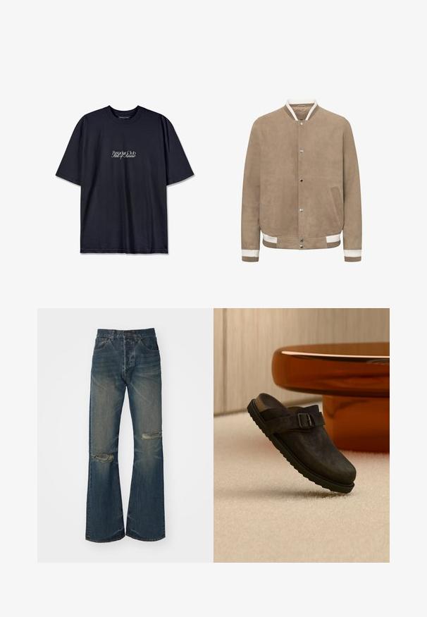 Beige suède bomberjack met drukknopen, geribbelde witte en beige kraag, manchetten en tailleband, en twee schuine steekzakken aan de voorkant.; Zwarte katoenen t-shirt met een ronde hals, voorzien van een witte bedrukte logo "Pescador Club" en "Scent of Summer" op de voorkant. Korte mouwen.; Blauwe spijkerbroek met uitlopende pijpen, vervaagde accenten en kniebesparingen. Heeft een hoge taille en een ontwerp met vijf zakken, afgewerkt met een knoopsluiting.; Donkerbruine instapschoen met gespsluiting en geribbelde zool, weergegeven op een beige tapijt naast een ronde amberkleurige tafel.