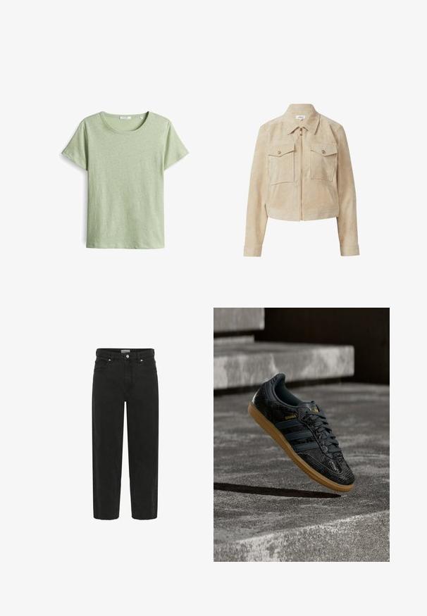 Beige corduroy jas met een ritssluiting aan de voorkant, twee borstzakken en een licht cropped ontwerp. De stof heeft een zachte, gestructureerde uitstraling.; Groen T-shirt met korte mouwen van een gestructureerde stof, met een ronde halslijn en rechte snit. Eenvoudig ontwerp zonder extra patronen.; Zwarte cropped jeans met hoge taille, voor een knoop, ritsluiting, riemlussen en zichtbare voor- en achterzakken.; Zwarte Adidas Samba sneaker met een gestructureerd patroon, gumzool en gouden logo, zwevend boven betonnen trappen.