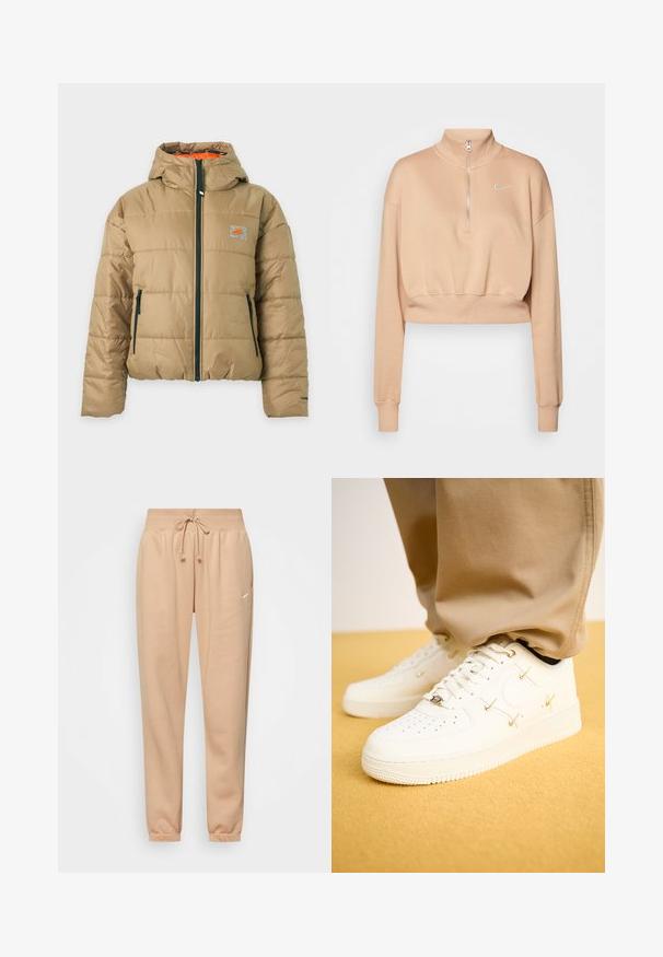 Beige gewatteerd jack met capuchon, zwarte rits aan de voorkant en zakken, klein oranje Nike-logo op de borst en oranje binnenvoering.; Nike Sportswear Sweater - hemp/sail; Beige joggingspakken van een zachte katoenmix, met een elastische tailleband met trekkoord en boorden bij de enkels. Kleine logo detail.; Witte leren sneakers met geperforeerde neus, gouden accenten en platte veters, gecombineerd met beige broek op een gestructureerde gele ondergrond.