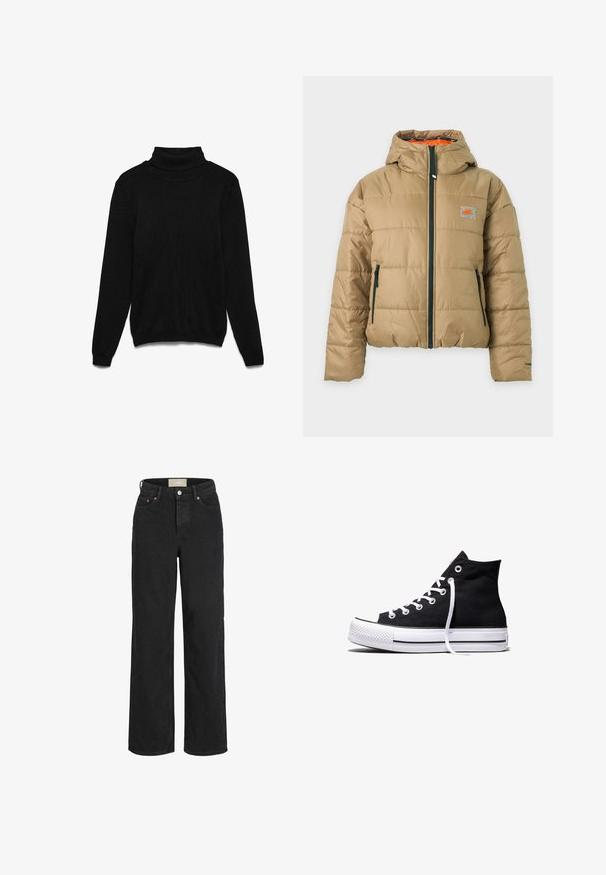 Beige gewatteerd jack met capuchon, zwarte rits aan de voorkant en zakken, klein oranje Nike-logo op de borst en oranje binnenvoering.; Zwarte coltrui gemaakt van gebreide stof. Heeft lange mouwen, een geribde kraag en een losse pasvorm. Geen zichtbare patronen of accenten.; Zwarte jeans met hoge taille en rechte pijpen, met voorste knoop en rits, riemlussen en een ontwerp met vijf zakken.; Zwarte hooggesloten canvas sneaker met witte rubberen zool en witte veters, zijwaarts weergegeven op een witte achtergrond.