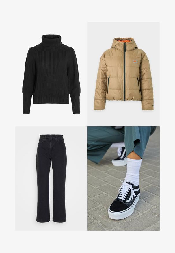 Béžová prešívaná bunda s kapucňou, čierny predný zips a vrecká, malé oranžové logo Nike na hrudi a oranžová vnútorná podšívka.; Čierny pletený sveter s vysokým, rebrovaným výstrihom. Má spustené ramená a rebrované manžety na dlhých rukávoch, štruktúrovaná tkanina.; Čierne rifle s vysokým pásom a rovným strihom nohavíc, s vreckami vpredu a pútkami na opasok na bielom pozadí.; Čierne semišové tenisky s bielymi akcentmi a šnúrkami, s hrubou bielou podrážkou a kontrastným prešívaním, doplnené o bielu ponožku.