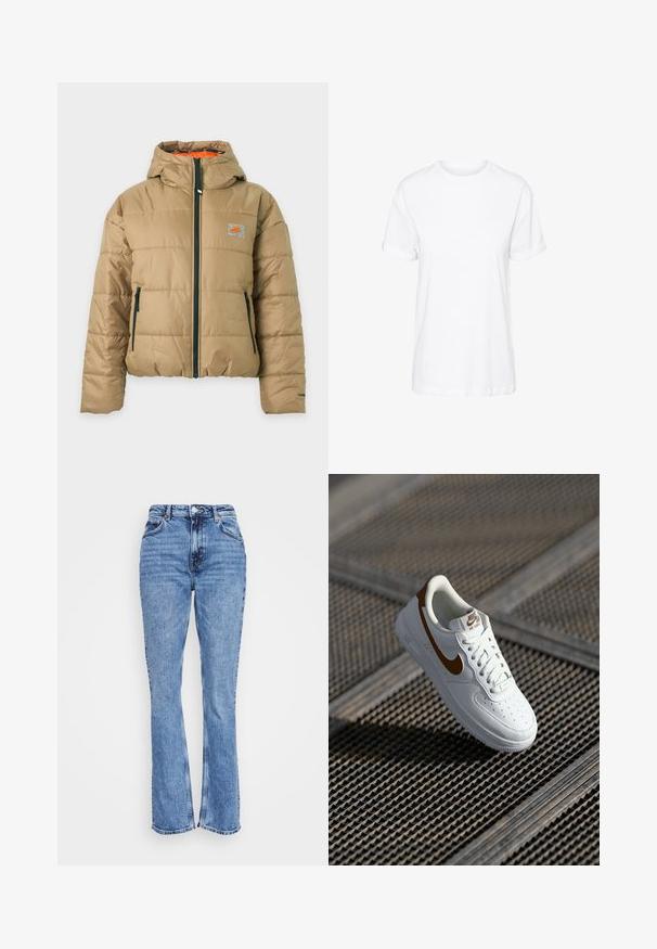 Chaqueta acolchada beige con capucha, cremallera negra en la parte delantera y bolsillos, pequeño logo naranja de Nike en el pecho y forro interior naranja.; Camiseta blanca de algodón con mangas cortas, cuello redondo y un corte holgado, con una textura suave y sin patrones visibles.; Weekday SMOOTH HIGH - Vaqueros slim fit - winter blue; Zapatilla blanca de cuero con perforaciones, logo Nike en marrón y cordones. Cuenta con suela texturizada y cuello acolchado.