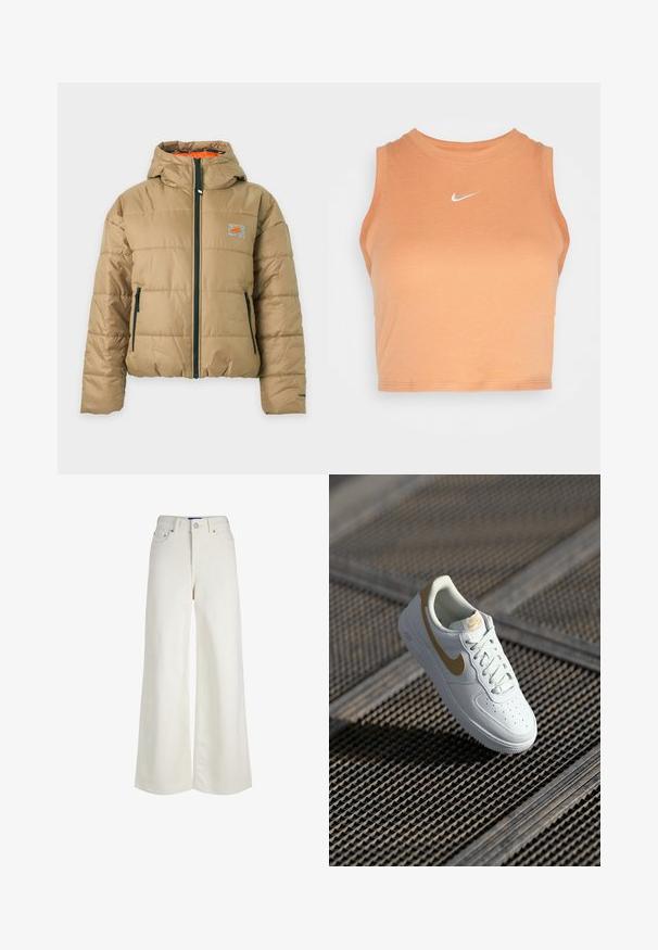Beežist polsterdatud jope kapuutsiga, must esitasku ja tõmblukuga, väike oranž Nike logo rinnal ning oranž vooder.; Nike Sportswear TANK - Topp - amber brown/sail; Kõrge vöökohaga valged püksid laia säärega teksast, esikinnis nööbi ja lukuga, vööaasadega ja taskute detailidega.; Valge nahkne toss, millel on kuldsed detailid, ümar varvas, perforatsioonid varvaskasti disainis ja lame pael. Omab 'Air' brändingut taldadel.