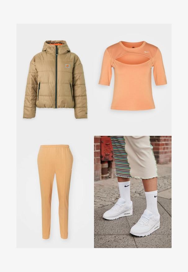 Beežist polsterdatud jope kapuutsiga, must esitasku ja tõmblukuga, väike oranž Nike logo rinnal ning oranž vooder.; Nike Sportswear CUTOUT - Trükipildiga T-särk - amber brown/sail; Kergelt kotkast valmistatud oranžid jooksupüksid, millel on elastne vöökoht, kitsenevad jalad ja peene valge logo vasakul reitel.; Valged Nike Air Max 90 sneaksid, millel on silmade ja nahast pealispind, nähtava õhuüksusega, koos valgete soonikute sokkidega musta logoga.