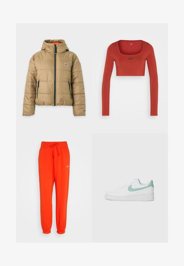 Beežist polsterdatud jope kapuutsiga, must esitasku ja tõmblukuga, väike oranž Nike logo rinnal ning oranž vooder.; Nike Sportswear W NSW LS CROP TOP SW - Pikkade varrukatega topp - rugged orange/black; Nike Sportswear W PHNX FLC HR OS - Dresside alumine osa - picante red/sail; Valge nahk-sneaker, millel on mündiroheline Nike swoosh ja kandetab, tekstureeritud tallad ning klassikaline nööpimise disain.