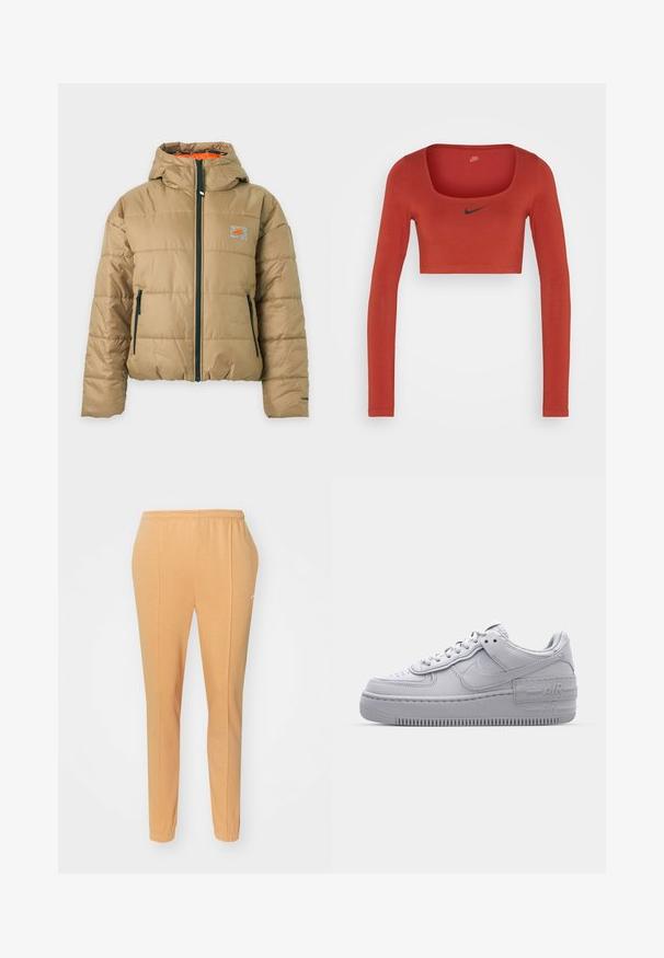 Beežist polsterdatud jope kapuutsiga, must esitasku ja tõmblukuga, väike oranž Nike logo rinnal ning oranž vooder.; Nike Sportswear W NSW LS CROP TOP SW - Pikkade varrukatega topp - rugged orange/black; Kergelt kotkast valmistatud oranžid jooksupüksid, millel on elastne vöökoht, kitsenevad jalad ja peene valge logo vasakul reitel.; Hallitus hallid Nike Air Force 1 sneakerid, millel on augustatud varvas, siledast nahast ülemine osa, paks tall ning reljeefne 'AIR' detail kontsapadjal.