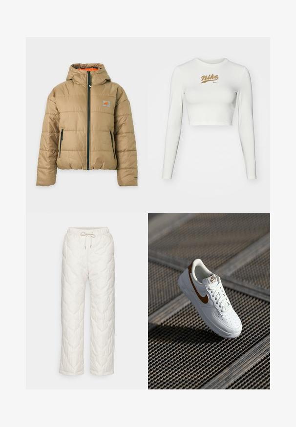 Beigenvärinen toppatakki huuhtella, musta vetoketju edessä ja taskut, pieni oranssi Nike-logo rinnassa ja oranssi sisäkangas.; Pitkähihaista valkoista crop-topia, joka on valmistettu sileästä kankaasta. Siinä on kultainen Nike-logo painettuna rintaan ja klassinen pyöreä kaula-aukko.; Nike Sportswear ESSENTIAL PANT - Verryttelyhousut - orewood/sail; Valkoinen nahkainen tennari, jossa on rei'itykset, ruskea Nike-swoosh ja nauhat. Varustettu kuvioidulla pohjalla ja pehmustetulla kauluksella.