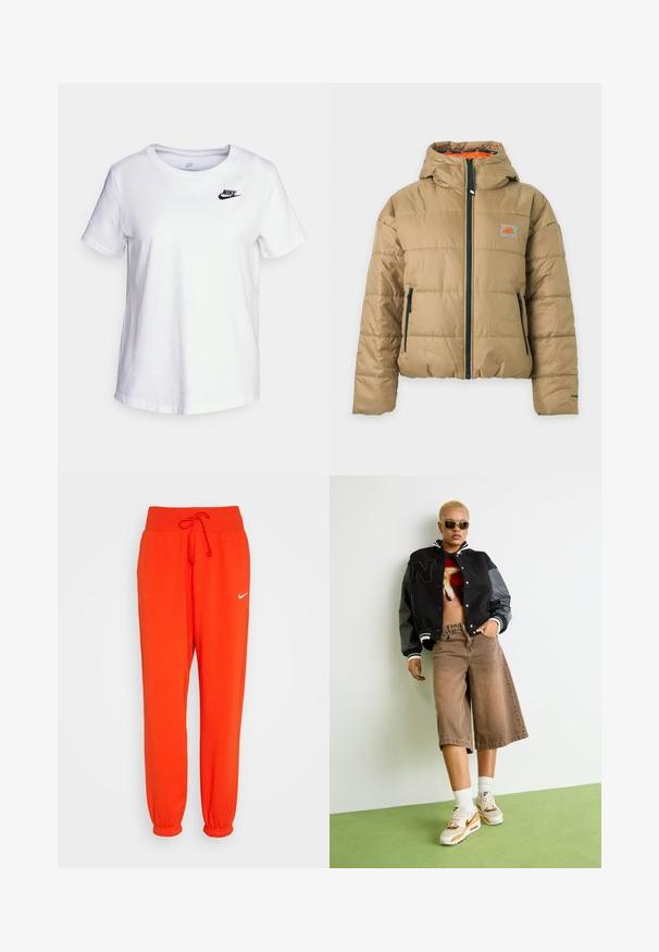 Beige wattierte Jacke mit Kapuze, schwarzem Reißverschluss vorne und Taschen, kleines oranges Nike-Logo auf der Brust und orangefarbenem Innenfutter.; Weißes Baumwoll-T-Shirt mit Rundhalsausschnitt und kurzen Ärmeln. Mit einem schwarzen Nike-Logo auf der oberen linken Brustseite.; Nike Sportswear W PHNX FLC HR OS - Jogginghose - picante red/sail; Person mit kurzen blonden Haaren, die Sonnenbrillen trägt, eine schwarze Varsity-Jacke, ein grafisches Crop-Top, braune weite Shorts und weiße Nike-Sneaker trägt, steht auf einem grünen Boden.