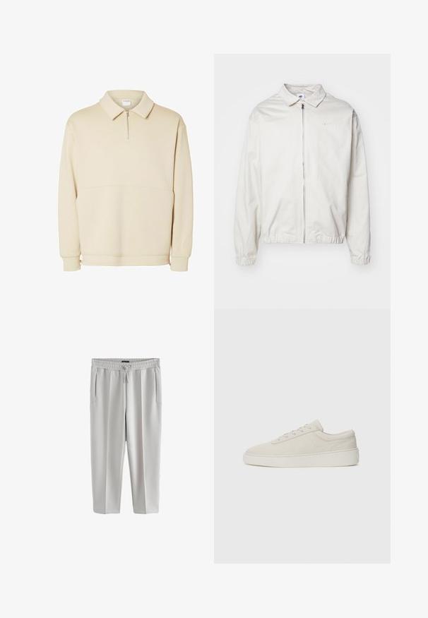 Weiße, leichte Nike-Jacke mit kragenförmigem Ausschnitt, Reißverschluss vorne, elastischen Bündchen und einem kleinen Logo auf der linken Brust. Glatte Textur.; Beiger Pullover-Sweatshirt aus weichem Stoff mit einem Reißverschluss am Hals, einem Kragen und einem lässigen Schnitt mit einfachen horizontalen Nahtdetails.; Hellgraue Sweatpants aus glattem Material, mit einem elastischen Bund und Kordelzug sowie zwei Seitentaschen.; Beige Sneaker mit glattem Wildlederfinish, runder Zehenpartie und flacher Gummisohle. Verfügt über eine Schnürung und ein minimalistisches Design mit subtiler Naht.