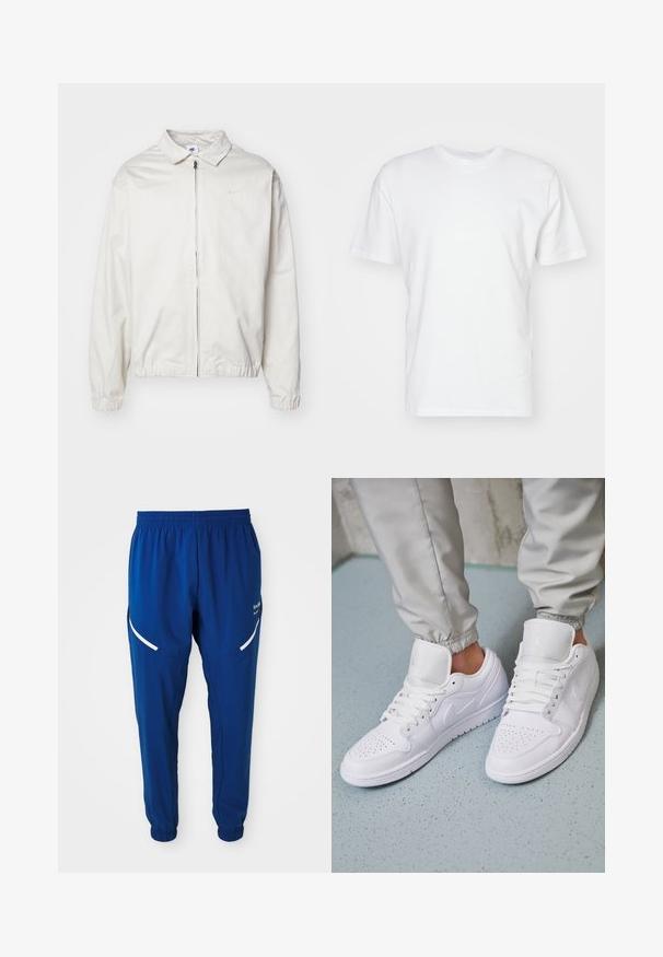 Chaqueta blanca y ligera de Nike con cuello tipo camisa, cremallera frontal, puños elásticos y un pequeño logotipo en el lado izquierdo del pecho. Textura suave.; Camiseta de algodón blanca con manga corta, escote redondo y una textura suave. Diseño simple sin patrones ni gráficos.; Pantalones deportivos de color azul royal con cintura y puños elásticos, tiras reflectantes blancas curvas en los muslos y pequeño logotipo blanco en el lado derecho.; Las zapatillas deportivas de cuero blanco cuentan con una caja de dedos perforada, cordones planos, un cuello acolchado y el logo de Jordan en la lengüeta. Las llevan puestas con pantalones joggers grises.
