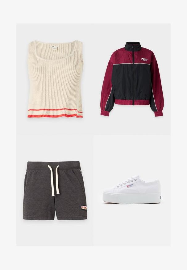 Veste coupe-vent zippée bordeaux et noire avec col montant, poignets et ourlet élastiques, détails en piping blanc et petit logo blanc sur la poitrine.; Débardeur côtelé de couleur crème avec un col rond et une bande horizontale rouge au bas. Tissu doux et texturé avec une coupe décontractée.; Shorts en tricot gris foncé avec cordon blanc, ceinture élastique, poches latérales et petit patch logo Rip Curl sur la jambe droite inférieure.; Baskets en toile blanches avec une épaisse semelle plateforme blanche, bout rond et œillets en métal pour les lacets. Logo de la marque affiché sur le côté.