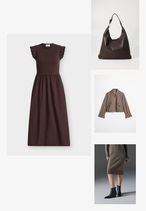 Taupe cropped jakke med frontlynlås, spids krave, to skrå knap-lukkede klaplommer og justerbare stropmanchetter.; Mørkebrun ærmeløs midikjole med flæsedetaljer ved skuldrene og en tætsiddende ribbet overdel med en samlet nederdel under taljen.; Sorte læder ankelstøvler med spidse tæer, en kraftig hæl og zigzag-stikningsdetaljer, parret med en ribbet, brun strik kjole.; Zign by Zalando LEATHER - Shopping bags - chocolate brown