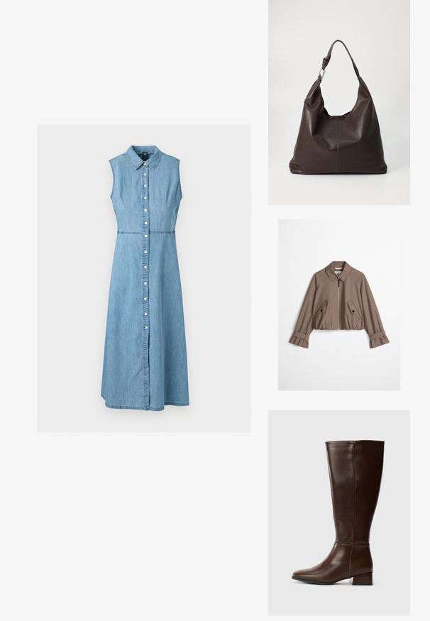 Veste courte taupe avec fermeture éclair à l'avant, col pointu, deux poches à rabat boutonnées inclinées et poignets à sangles réglables.; Robe midi en denim bleu clair sans manches avec col et fermeture à boutons sur le devant, taille cintrée et jupe en ligne A.; Botte en cuir brun foncé, haute, avec un petit talon bloc et une finition lisse, vue de profil sur fond blanc.; Zign by Zalando LEATHER - Cabas - chocolate brown