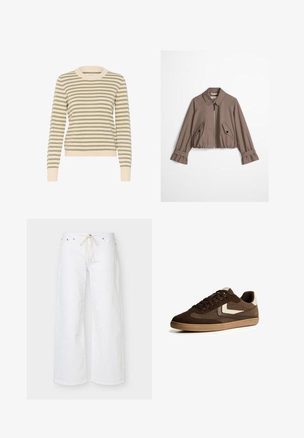 Taupe cropped jakke med frontlynlås, spids krave, to skrå knap-lukkede klaplommer og justerbare stropmanchetter.; Stribet sweater i crème og olivengrøn med ribbet rund halsudskæring, lange ærmer og en tætsiddende kant. Blød strikket tekstur.; Hvide bukser med vide ben og forlommer samt en beige snor i taljen, vist på en ensfarvet baggrund.; Brune ruskind og stof lav-top sneakers med beige accenter, gummisål, snørelukning og minimalistisk design på hvid baggrund.