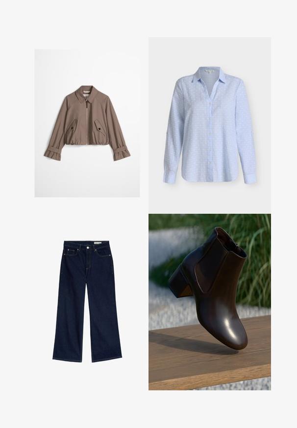 Taupe cropped jakke med frontlynlås, spids krave, to skrå knap-lukkede klaplommer og justerbare stropmanchetter.; Lyseblå skjorte med lange ærmer, knapper foran, med hvidt prikket mønster og spids krave på ensfarvet baggrund.; Bredde ben mørkeblå denimjeans med høj talje, fem-lomme design, kobber nitter og kontrasterende gul syninger.; Brun læder ankelstøvle med en afrundet tå og en lav blokhælhæl, der har elastiske sidepaneler og en glat, blank finish.