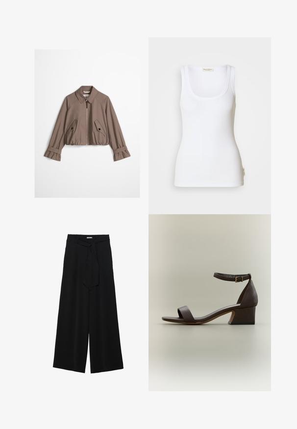 Taupe cropped jakke med frontlynlås, spids krave, to skrå knap-lukkede klaplommer og justerbare stropmanchetter.; Hvid ribbet tanktop med rund halsudskæring og brede stropper. Har en logomærkat på sidesømmen. Fremstillet af blødt, elastisk stof.; Sorte vide bukser i en tekstureret stofkvalitet, med elastisk talje og et aftageligt bånd i taljen for justerbar pasform.; Mørkebrun sandal med lav blokhæl, ankelrem og frontrem over tæerne på en neutral baggrund.