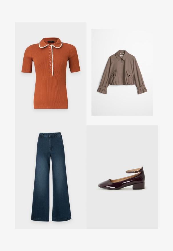 Veste courte taupe avec fermeture éclair à l'avant, col pointu, deux poches à rabat boutonnées inclinées et poignets à sangles réglables.; Polo à manches courtes côtelé de couleur rouille avec un col arrondi et sept boutons, orné d'un liseré blanc le long du col et de la patte de boutonnage.; Jean en denim bleu foncé, taille haute et jambes larges, avec poches avant et passants de ceinture sur fond blanc.; Chaussure à talon bordeaux brillant avec un bout arrondi et une sangle à la cheville, posée sur un fond uni.