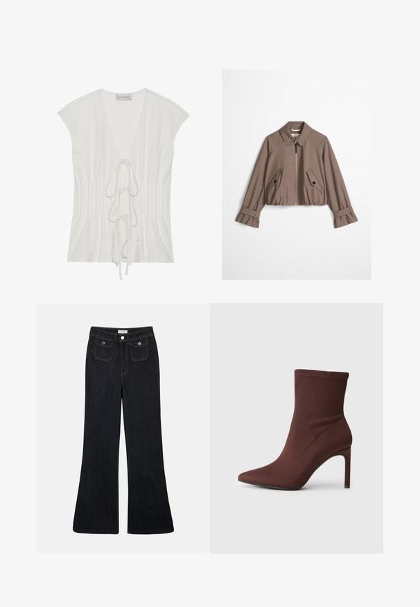 Taupe cropped jack met rits aan de voorkant, puntige kraag, twee schuine klepzakken met knopen, en verstelbare bandmanchetten.; Witte korte mouw top met een diepe V-hals en een voorzijde knoopdetail. De stof heeft een zachte textuur met verticale plooidecoraties.; Flared donkerdenim jeans met een hoge taille, twee voorzakken en oranje stiksels. Het materiaal lijkt stevig en glad.; Bruine elastische stof enkellaars met spitse neus en 10 cm hoge stilettohak. Naaddetails aan de zijkanten, gladde textuur en geen zichtbare sluitingen.