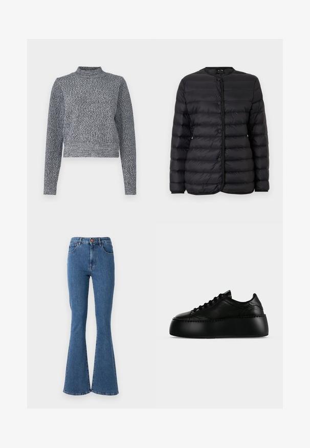 Veste légère noire matelassée avec col rond, boutons-pression sur le devant et manches longues, présentée sur un fond blanc.; Pull en maille bleu marine et blanc avec un col montant, des manches longues et une coupe cropped ; il présente un design texturé et moucheté.; Jean en denim bleu taille haute avec une jambe évasée. Comprend cinq poches et une fermeture à bouton à l'avant. Détails de couture le long des coutures.; Baskets à plateforme noires avec semelle épaisse, lacets à l'avant et dessus en cuir lisse, montrées de profil sur un fond uni.
