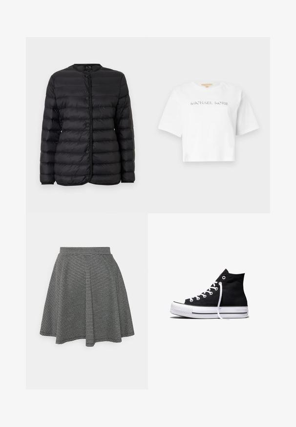 Zwarte doorgestikte lichtgewicht jas met ronde hals, drukknoopsluiting aan de voorkant en lange mouwen, weergegeven op een witte achtergrond.; Witte cropped T-shirt van katoen met korte mouwen, voorzien van gegraveerde "MICHAEL KORS" tekst op de voorkant. Gladde textuur, eenvoudig ontwerp.; Zwart-witte geblokte skaterrok met een strakke tailleband en een uitlopende zoom, gemaakt van textuurstof die een klassiek patroon toont.; Zwarte hooggesloten canvas sneaker met witte rubberen zool en witte veters, zijwaarts weergegeven op een witte achtergrond.