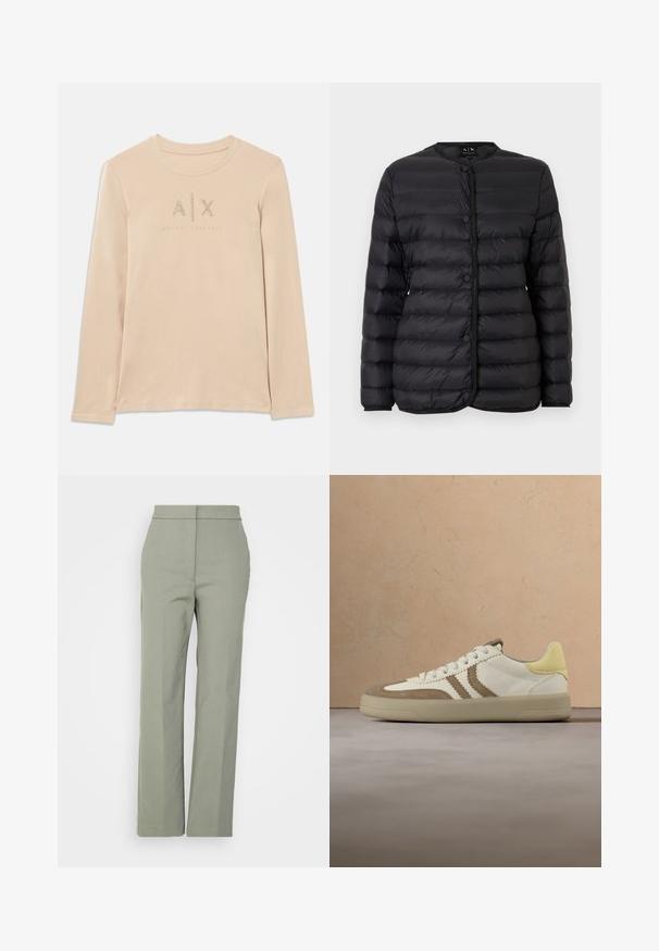 Sort quiltet letvægtsjakke med rund krave, trykknapper foran og lange ærmer, vist på en hvid baggrund.; Langærmet, lys beige skjorte lavet af glat stof, med A|X-logo prydet med klare rhinsten og rund krave.; Tiger of Sweden FRANKKA - Bukser - thyme; Hvid og tan sneakers med en gul hælkant, der har ruskind og glatte læderteksturer, flade snørebånd og en gummisål.