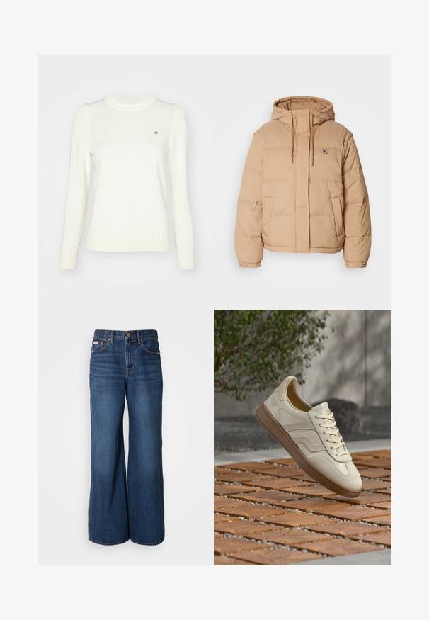 Beige vinterjakke med hætte, med lynlås foran, to sidelommer og et lille logo på venstre bryst. Blød, quiltet tekstur.; Lyscreme sweater, strikket tekstur, crew neck, lange ærmer, ribbede manchetter og søm. Diskret logodetalje på brystet.; Bredde jeans lavet af mørkeblåt denim. Funktioner inkluderer en høj talje, fem lommer og kontrasterende orange syninger langs sømmene.; Sneakers i cremefarve med en struktureret beige gummisål, snøredesign og diskret brand på siden. Overdel i glat læder.
