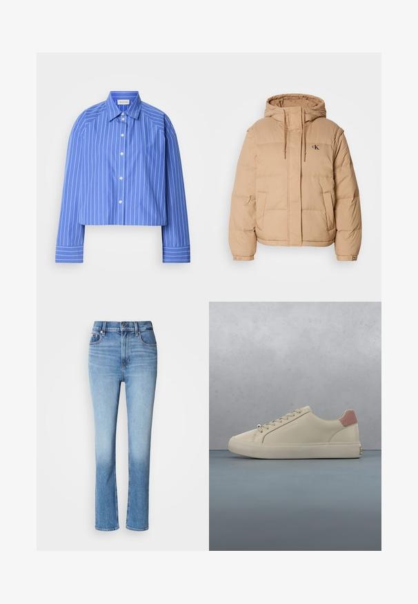 Beige pufferjack met een capuchon, met een ritssluiting aan de voorkant, twee zijzakken en een klein logo op de linkerkant van de borst. Zachte, gewatteerde textuur.; Geknipte blauwe shirt met verticale witte strepen, klassieke kraag, lange mouwen en knoopsluiting; gemaakt van een soepele, lichte stof.; Blauwe denim jeans met hoge taille, rechtvallende pasvorm, vervaagde kleurverloop en vijf-pocketstijl. Metalen knoop en ritssluiting.; Crèmekleurige sneaker met roze hielstuk, beige veters en een glad bovenwerk, zwevend boven een houten tegelvloer met kiezels ertussen, buitenshuis.