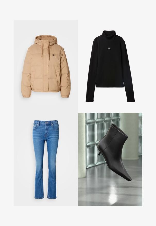 Beige vinterjakke med hætte, med lynlås foran, to sidelommer og et lille logo på venstre bryst. Blød, quiltet tekstur.; Sort ribstrikket bluse med lange ærmer og lille firkantet Calvin Klein-logo placeret centralt på brystet.; Blå denim flared jeans med en mellemhøj talje, der har et klassisk fem-lomme design og en subtil affadet tekstur ved knæene.; Sort læderankelstøvle med spids tå og lille hæl vist mod en væg af glasblokke og poleret gulv baggrund.