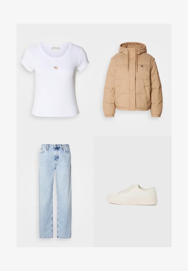 Chaqueta acolchada beige con capucha, con cierre frontal, dos bolsillos laterales y un pequeño logo en el lado izquierdo del pecho. Textura suave y acolchada.; Camiseta ajustada blanca hecha de tela acanalada, con un cuello redondo y mangas cortas. Un pequeño logo de CK está bordado en el pecho.; Jeans de pierna ancha en azul claro, confeccionados en denim, con una cintura alta, un lavado desgastado y un sutil patrón de tie-dye en la parte delantera.; Zapatillas de lona color marfil, con un diseño de corte bajo, punta redonda y suela de goma plana con un sutil detalle de costura.