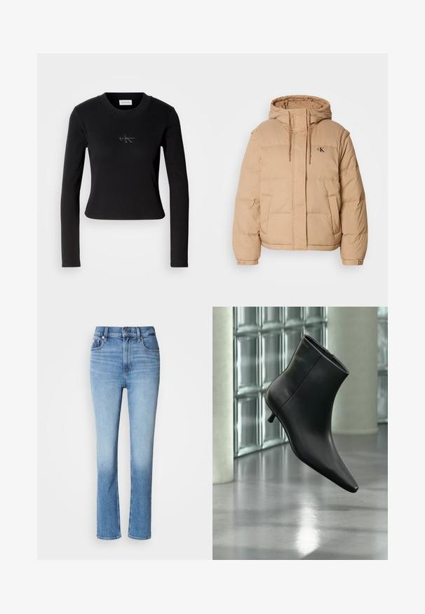 Beige vinterjakke med hætte, med lynlås foran, to sidelommer og et lille logo på venstre bryst. Blød, quiltet tekstur.; Sort langærmet top med en tætsiddende design og et lille Calvin Klein-logo på brystet, præsenteret mod en hvid baggrund.; Blå denimjeans med høj talje, lige ben-design, falmede farvegradient og fem-lomme stil. Metalknap- og lynlås-lukning.; Sort læderankelstøvle med spids tå og lav kitten-hæ, vist vinklet mod en poleret gulv- og glasblokvæg.