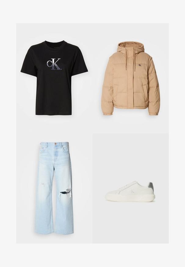 Beige vinterjakke med hætte, med lynlås foran, to sidelommer og et lille logo på venstre bryst. Blød, quiltet tekstur.; Sort bomulds T-shirt med rund hals. Har et sølv broderet "cK" logo og teksten "Calvin Klein Jeans" under logoet. Korte ærmer.; Lyseblå brede jeans lavet af denim, med høj talje, store revner ved knæene og et klassisk fem-lomme design med kobberhardware.; Hvide sneakers lavet af læder med en glat tekstur, forsynet med en sølvaccent på hælen, flad sål og minimalistisk design.
