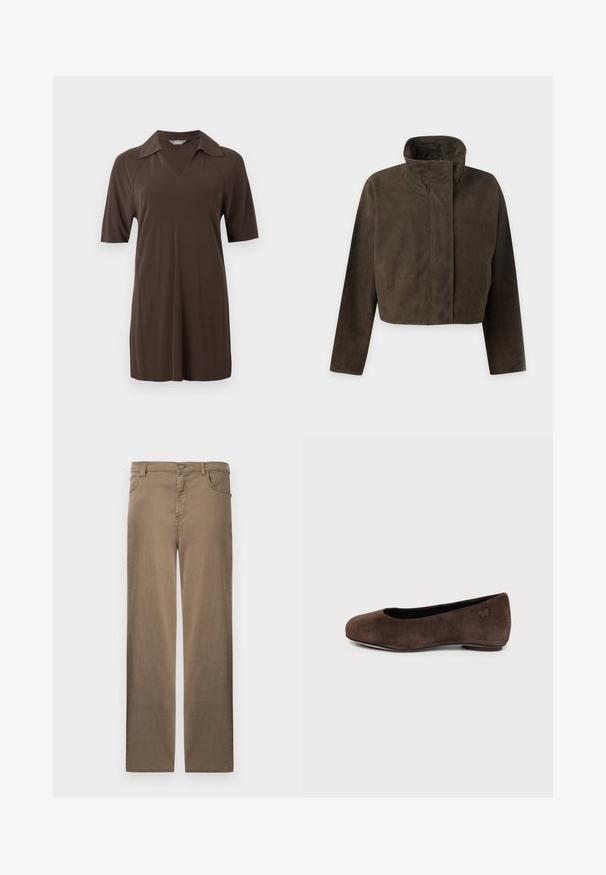 Veste en daim brun foncé avec manches longues, col montant et fermeture éclair avant dissimulée sous une large patte.; Robe polo marron foncé à manches courtes avec col et encolure en V, présentée sur un fond clair uni.; Pantalon marron à jambes droites avec bouton à l'avant, fermeture éclair, et poches avant et arrière, présenté sur un fond blanc.; Chaussure plate en daim marron avec bout arrondi et petit talon, vue de profil sur fond clair uni.
