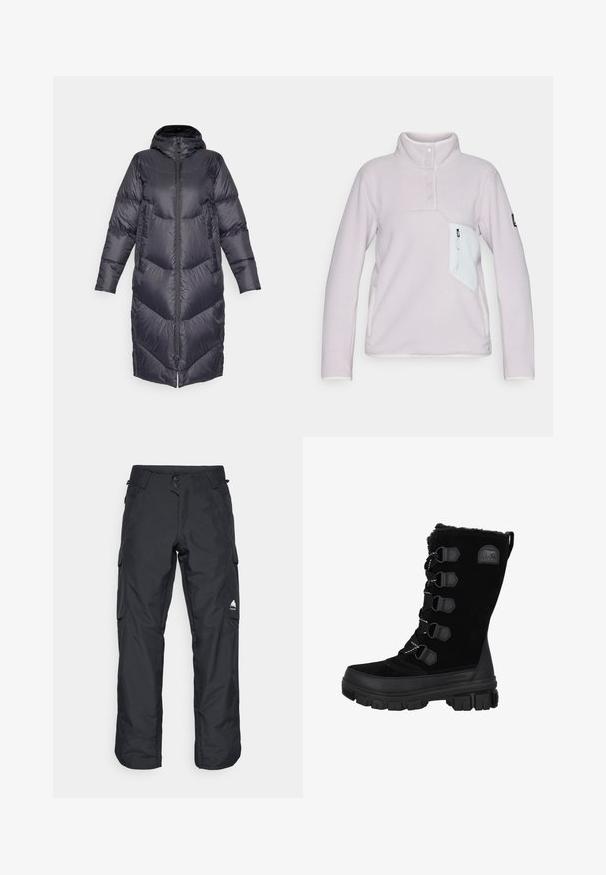 Burton WOMENS LONG JACKET - Dunfrakker - true black; Lyse lilla fleecepullover med høj krave, tre knapper foran og en hvid lynlåslomme på brystet. Har kontrasterende hvidt trim.; Sorte vandtætte snebukser med løs pasform, der har to sidelommer, en cargo-lomme på låret og et logo på underbenet.; Sorte vandtætte vinterstøvler med overdel i ruskind, pelskrave og gummisål. Har snørebåndsdesign med hexagonale snørehuller og logo-patch.