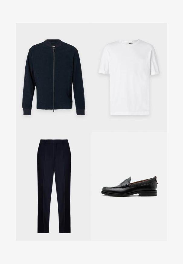 Marineblaues Bomberjacke mit Reißverschluss, gerippten Bündchen und Kragen. Aus strukturiertem Stoff gefertigt, mit Seitentaschen und einem minimalistischen Design.; Weißes Baumwoll-T-Shirt mit Rundhalsausschnitt, kurzen Ärmeln und umgeschlagenen Bündchen; schlichtes Design, weiche Textur und gerade geschnitten.; Navyblaue maßgeschneiderte Hose mit einer glatten Textur, flachem Bund, Gürtelschlaufen und einem schlanken, schmal zulaufenden Bein.; Schwarzer Leder-Herrenschuh mit Mokassinnaht, Penny-Riemen, strukturiertem Kragen und niedrigem gestapeltem Absatz auf weißem Hintergrund.