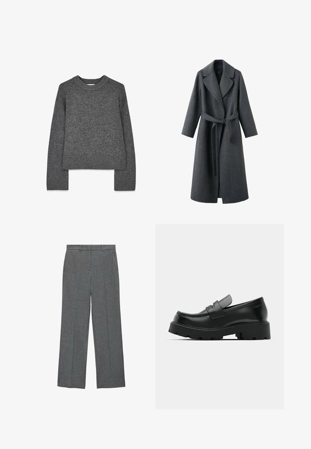Mørkegrå uldfrakke med bælte, brede revers og lange ærmer. Ensfarvet med afslappet pasform og åben front.; Grå strikket sweater med lange ærmer, rund hals, ribbede manchetter og kant. Blød tekstur med et let cropped design.; Grå skræddersyede bukser med lige ben, flad front og sidelommer. Stoffet har en subtil tekstur. Ingen synlige metaldele.; Sorte læder loafers med en chunky tekstureret sål, der har en rem over vamps og en glat, poleret finish.