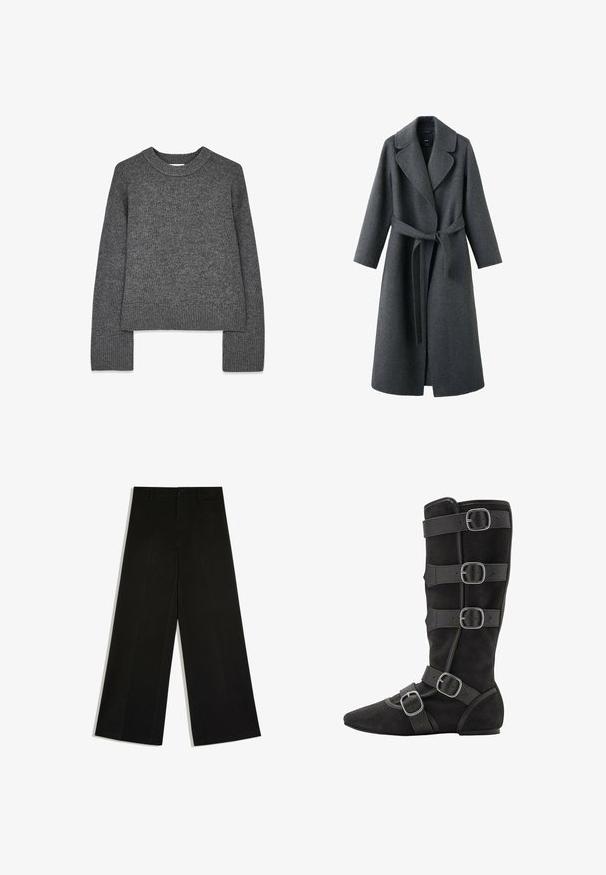 Mørkegrå uldfrakke med bælte, brede revers og lange ærmer. Ensfarvet med afslappet pasform og åben front.; Grå strikket sweater med lange ærmer, rund hals, ribbede manchetter og kant. Blød tekstur med et let cropped design.; Sorte bukser med vidde ben, bæltestropper, knaplukning foran og lynlås, lagt fladt på hvid baggrund.; Sorte ruskind knæhøje støvler med spids tå, prydet med flere remme og spænde-detaljer langs skaftet og anklen. Flad sål design.
