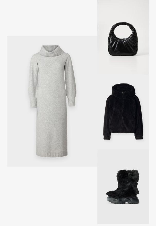 Sort, fluffy hættejakke med lynlås foran og lange ærmer, der har en blød, plyssort tekstur og sidelommer.; Grå strikket kjole med kravehals, lange puffærmer og ribbede manchetter og kant. Stoffet ser blødt og struktureret ud.; Sort, fuzzy ankelstøvle med en struktureret overdel, der har en tykk sort gummisål og et mønster for greb og stabilitet.; Sort polstret håndtaske med et rundt håndtag, der har en glat, skinnende overflade og en blød, kviltet tekstur. Ingen synlige hardware eller accenter.