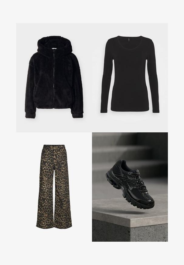 Chaqueta con capucha negra y peluda, con cremallera frontal y mangas largas, que presenta una textura suave y aterciopelada y bolsillos laterales.; Camiseta de manga larga negra con escote redondeado, hecha de tela suave. Presenta un corte ajustado y líneas limpias sin ningún patrón ni acentos.; Pantalones de pierna ancha con un estampado integral de leopardo marrón y negro y cierre frontal con botones y cremallera.; Zapatilla de running negra de Nike con parte superior de malla y sintética flotando sobre una superficie de hormigón y escalones de fondo.