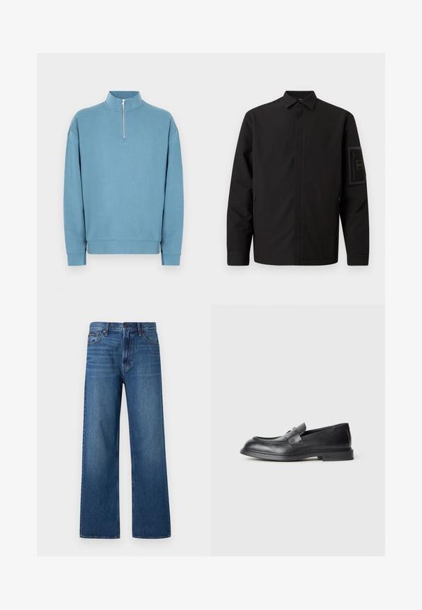 Veste noire à manches longues avec col, fermeture éclair frontale dissimulée par un rabat, poches latérales, et poche plaquée zippée sur la manche gauche avec logo.; Sweat-shirt bleu clair avec col à demi-fermeture éclair, manches longues et poignets côtelés. Doté d'un logo subtil sur la poitrine. Texture lisse.; Jean bleu à taille haute et coupe droite, avec bouton et fermeture éclair à l'avant, cinq poches, et un petit patch de marque sur la poche droite.; Mocassins en cuir noir avec une finition texturée, dotés d'une bride décorative à l'avant et d'un bout arrondi. Semelle en caoutchouc pour plus de durabilité.