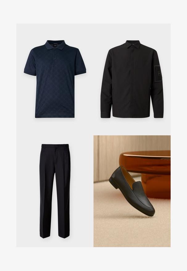 Veste noire à manches longues avec col, fermeture éclair frontale dissimulée par un rabat, poches latérales, et poche plaquée zippée sur la manche gauche avec logo.; Polo bleu marine en coton, présentant un motif texturé, une patte de boutonnage à trois boutons et des manches courtes. Tissu lisse et respirant.; Pantalon noir ajusté à coupe droite, avec un devant plissé et des poches latérales. Confectionné dans un tissu lisse et léger à motif uni.; Mocassin en cuir noir reposant sur un tapis beige avec une table circulaire marron brillante en arrière-plan.