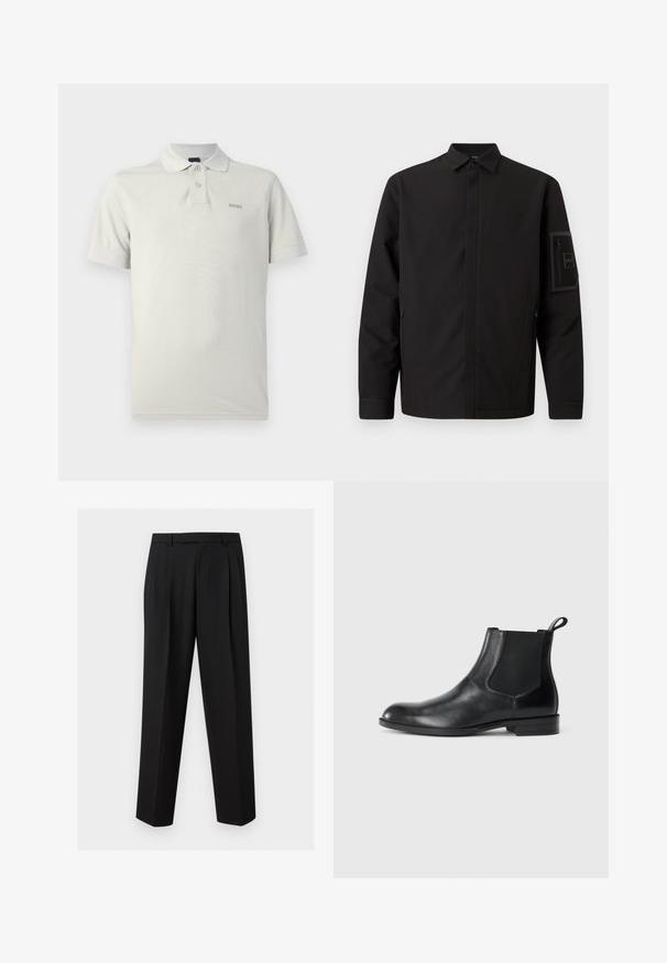 Veste noire à manches longues avec col, fermeture éclair frontale dissimulée par un rabat, poches latérales, et poche plaquée zippée sur la manche gauche avec logo.; Polo gris clair en tissu doux, avec un col classique, deux boutons, des manches courtes et un logo discret sur la poitrine.; Pantalon noir sur mesure avec jambes droites, plis à la taille, passants de ceinture et poches latérales fendues, présenté sur un fond uni.; Bottine en cuir noir avec des panneaux latéraux élastiques, bout rond et tirette. Texture lisse, semelle plate, design minimaliste.