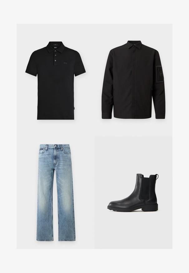 Sort langærmet jakke med krave, frontlynlås skjult af klap, sidelommer og lynlåslomme med logo på venstre ærme.; Sort slim-fit polo skjorte med tre knapper, korte ærmer og diskret "BOSS" logo på brystet og indersiden af kraven.; Lyseblå denim jeans med lige ben, højt talje, fem lommer, knaplukning og diskrete falmede områder på lår og knæ.; Sort læder ankelstøvle med elastiske sidepaneler, træksnor ved hælen og lav bloksål mod en ensfarvet baggrund.