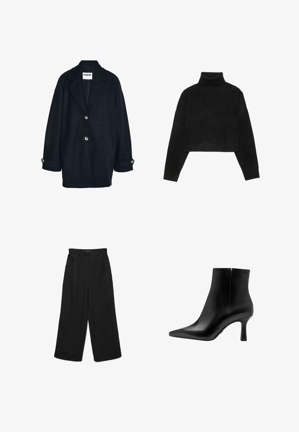 Mørk uldfrakke med en afslappet pasform, store klapper, to frontlommer og to knaplukninger. Har opskurede ærmer med knapdetaljer.; Sort cropped sweater med ribbet høj hals og manchetter, der har en glat tekstur og afslappet pasform. Simple, minimalistisk design.; Sorte bukser med brede ben, flad front, to plisser og sidelommer. Fremstillet af glat stof med en struktureret linning.; Sort læder ankelstøvle med spids tå, høj stilettohæl, glat tekstur og minimalistisk design. Inkluderer en lynlåslukning bagpå.