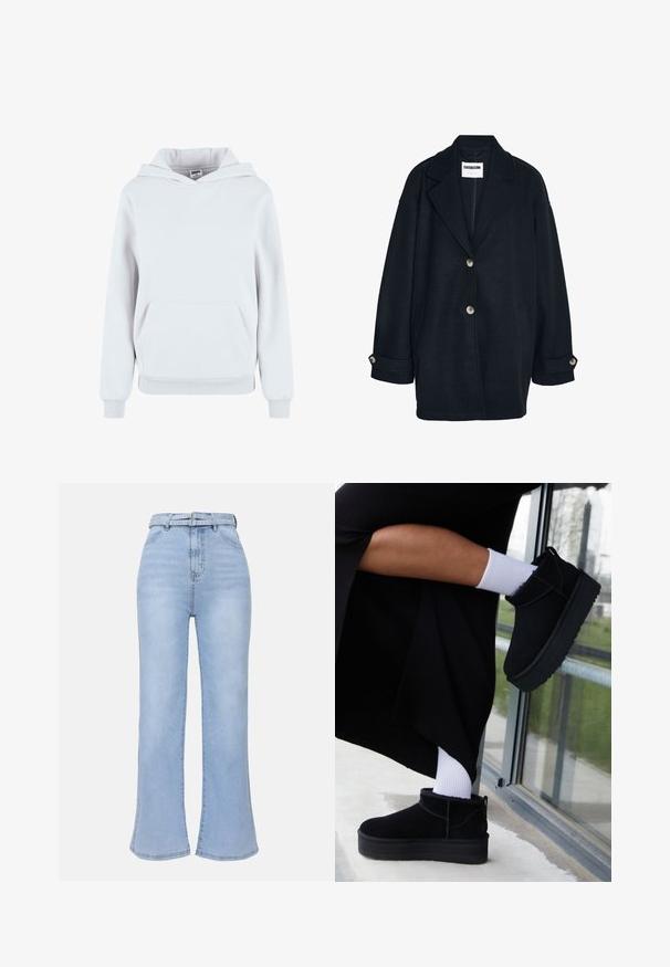 Dunkelgrauer Wollmantel mit lockerer Passform, großen Revers, zwei Vorderstecktaschen und zwei Knopfverschlüssen. Verfügt über umgeschlagene Ärmel mit Knopfakzenten.; Weißer Baumwollhoodie mit einer vorderen Kängurutasche, verstellbarem Kordelzughut, gerippten Bündchen und Saum; glatte Textur, lässiges Design.; Even&Odd Tall Flared Jeans - light blue wash; Schwarze Wildleder-Stiefeletten mit flacher Sohle, versehen mit einer Zuglasche hinten, getragen mit weißen Knöchel-Socken vor einem minimalistischem Hintergrund.