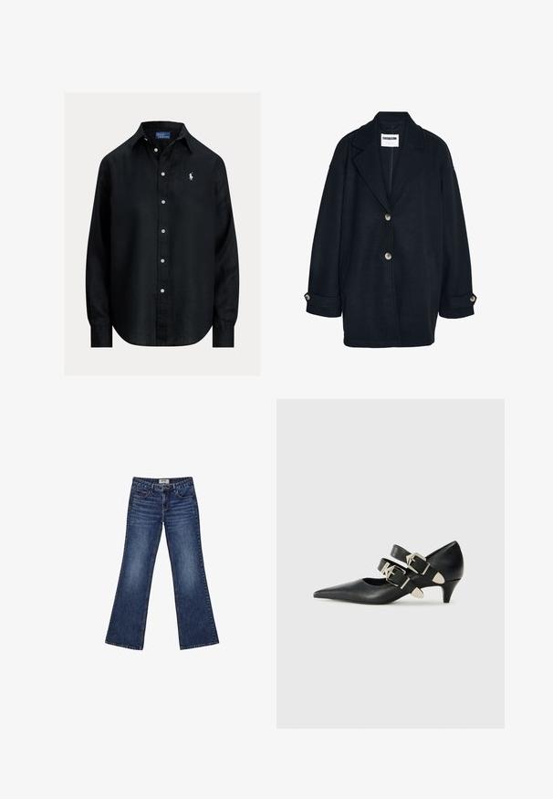 Manteau en laine sombre avec une coupe décontractée, grands revers, deux poches avant et deux boutons de fermeture. Présente des manches retroussées avec des accents de boutons.; Chemise noire à manches longues avec col, boutons blancs et petit logo Polo Ralph Lauren blanc brodé sur le côté gauche de la poitrine.; Jeans évasés en denim de couleur bleue, avec une taille mi-haute, deux poches avant et une texture délavée avec des détails de couture.; Replay CECILE DOUBLE - Escarpins - black