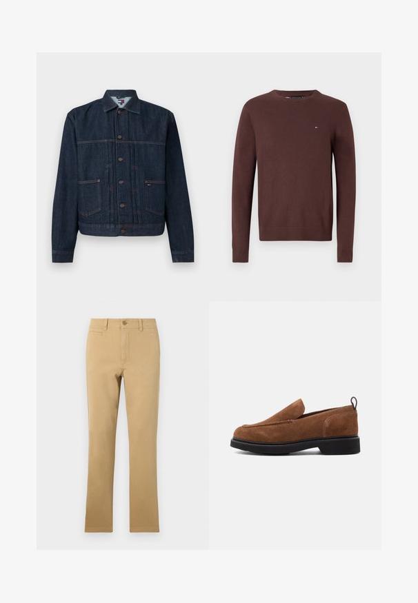 Mørkeblå denimjakke med knaplukning, to forlommer, lange ærmer og krave, liggende fladt på en lys baggrund.; Brun strikket sweater med lange ærmer, rund halsudskæring og et lille logo på brystet. Glat tekstur med ribbede detaljer ved manchetterne og kanten.; Kaki-farvede lige ben bukser lavet af bomuld, med knaplukning, forlommer og en glat overflade.; Brune ruskind slip-on sko med rund tå, sort gummisål og en lille hæl. Har dekorativ syning på overdelen.