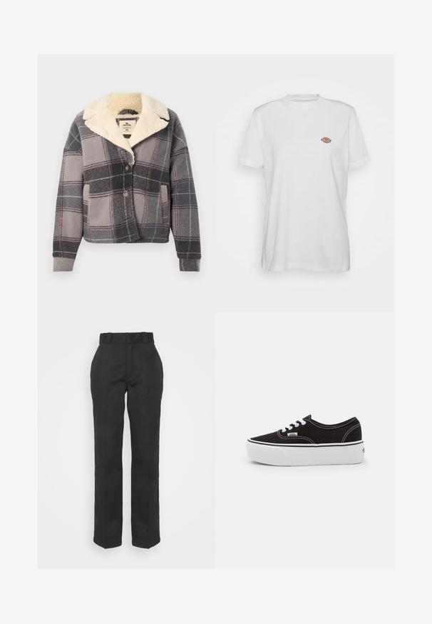 Chaqueta de cuadros con cuello de piel sintética, en tonos gris, negro y rosa. Cierre de botones y bolsillos laterales, confeccionada en tejido suave y texturizado.; Camiseta de algodón blanca con cuello redondo y mangas cortas, que presenta un pequeño logotipo colorido de "Diesel" bordado en el pecho.; Pantalones negros con una textura suave, diseño de pierna recta y cintura con cinturón. Presenta una silueta simple y clásica sin patrones adicionales.; Zapatilla de lona negra con suela de plataforma de goma blanca, que presenta cordones y costuras blancas, con branding icónico en el lateral, diseño de corte bajo.